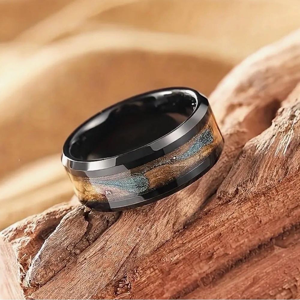 Elegant Black Brown Turquoise 316L Tungsten Stainless Steel Wedding Band Ring - Picture 4 of 13